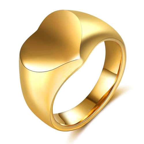 Edelstahl Ring Gold, 12MM Breite Herzform Mode Ring aus Chirurgenstahl für Herren Damen, Größe 67 (21.3) von Mesnt