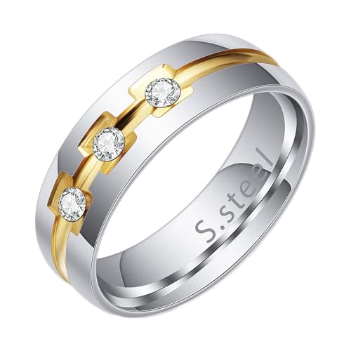 Edelstahl Ring Herren, 6MM Polierter Ring mit geometrisch gerillten kubischen Zirkoniumdioxid aus Chirurgenstahl für Männer Silber Gold, Größe 57 (18.1) von Mesnt