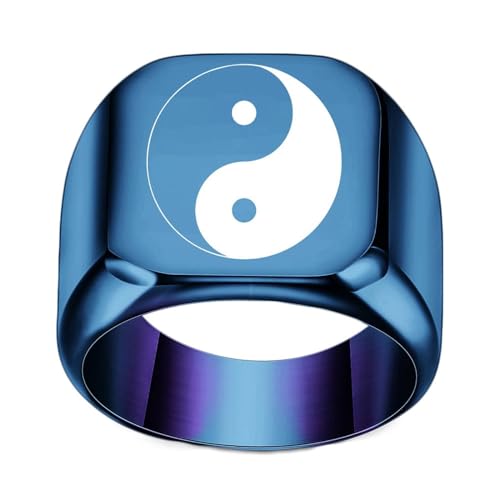 Edelstahl Ringe Damen, 18MM breiter Siegelring mit Tai Chi Yin Yang-Muster aus Chirurgenstahl für Männer Frauen Blau, Größe 60 (19.1) von Mesnt