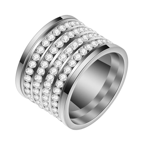 Edelstahl Ringe Damen, 20MM Breite Mode Ring mit mehrreihigen kubischen Zirkonias aus Edelstahl für Frauen Silber, Größe 52 (16.6) von Mesnt