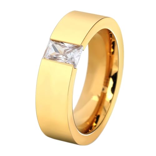 Edelstahl Ringe Herren, 6MM Schlichter Versprechensring mit rechteckigen kubischen Zirkoniumdioxid aus Edelstahl für Männer Gold, Größe 54 (17.2) von Mesnt