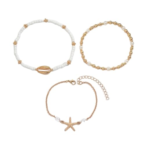Fußkettchen für Damen, Gold Weiß Perlenkette mit Muschel und Seestern Verstellbar Fußschmuck, Länge: 20+7CM von Mesnt