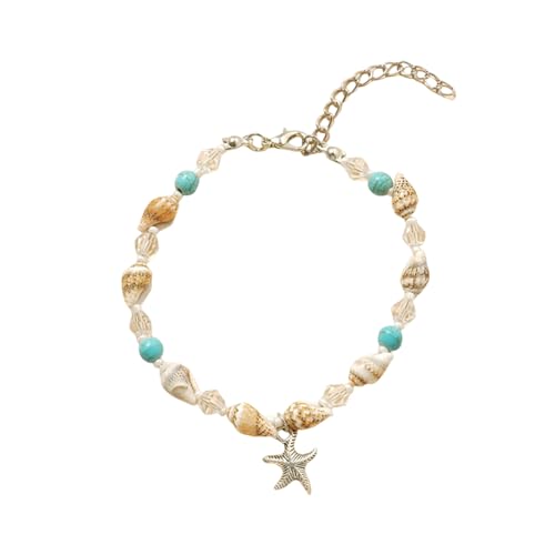 Fußkettchen für Damen Frauen, Blau Muschel und Blaue Perlenkette mit Seestern-Anhänger Verstellbar Fußschmuck, Länge: 22+7CM von Mesnt