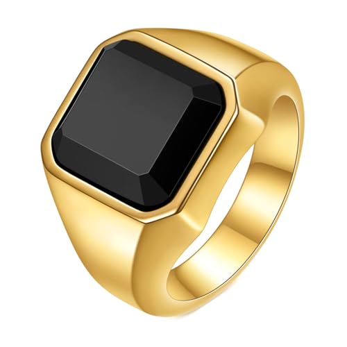 Herren Ring Edelstahl, 13MM breiter Ring mit quadratischem Stein aus 316L Edelstahl für Männer Gold Schwarz, Größe 65 (20.7) von Mesnt