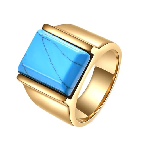 Herren Ring Edelstahl, 15MM Ring mit rechteckigem Stein aus Edelstahl für Männer Gold Türkis, Größe 57 (18.1) von Mesnt