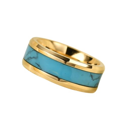 Herren Ring Edelstahl, 8MM Modebänder Ring mit Türkis Intarsien aus 316L Edelstahl für Männer Gold, Größe 62 (19.7) von Mesnt