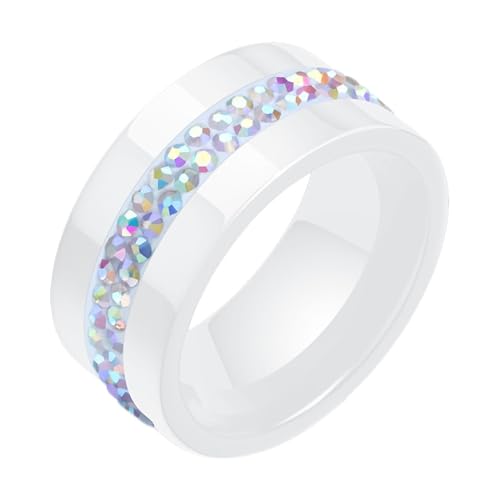 Hochzeit Ringe, Keramik 10MM Breite Promise Ring mit Kristall eingebettet für Männer Frauen Weiß Bunt, Größe 62 (19.7) von Mesnt