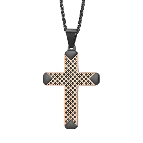 Ketten Für Männer Kreuz, Kreuz mit Gittermuster-Anhänger Halskette aus Edelstahl für Männer Roségold von Mesnt