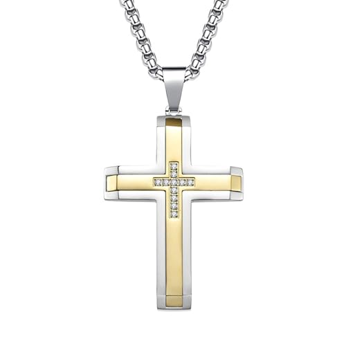 Ketten Für Männer Kreuz, Zweifarbiges Kreuz mit Cubic Zirconia Anhänger Halskette aus Chirurgenstahl für Herren Gold Silber von Mesnt