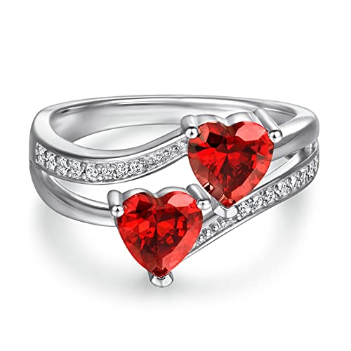 Mesnt 925 Silber Ringe Vintage Hochzeit Ringe Doppel Herz Zirkonia 6mm Ring 925 Silber Zirkonia Rot Größe 52 (16.6) von Mesnt