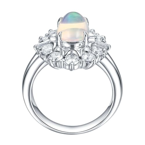 Mesnt Damen Ehering, 18K Weißgold Ring für Frauen with 6x9mm Opal 1.17ct und Im Labor hergestellter Diamant, Größe 63 (20.1) von Mesnt