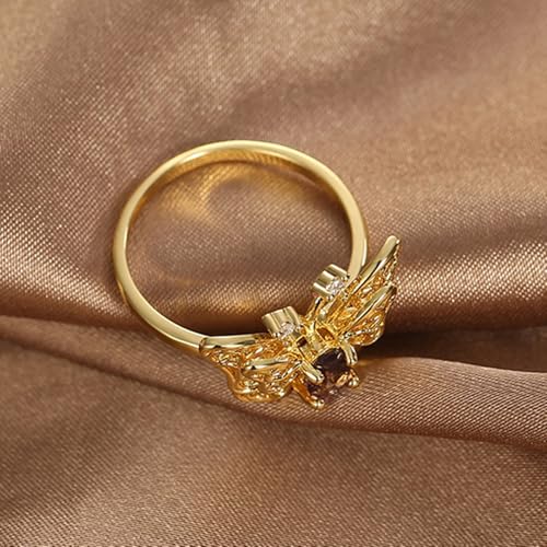 Damen Ehering, Hohler Schmetterlingsring aus 18 Karat Gelbgold für Damen mit Amethyst und Moissanit, Größe 45 (14.3) von Mesnt