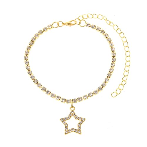 Mesnt Damen Fußkette, Gold Tenniskette mit hohlem Zirkonia Stern Anhänger Verstellbar Fußschmuck, Länge: 21+10CM von Mesnt