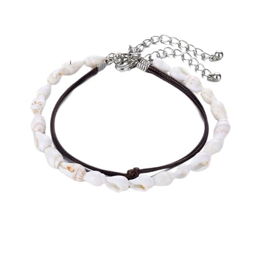 Mesnt Damen Fußkette, Weißbraun Doppellagige Schale und Wachsseil Strand Fußkettchen für Damen, Länge: 19+5.5CM von Mesnt