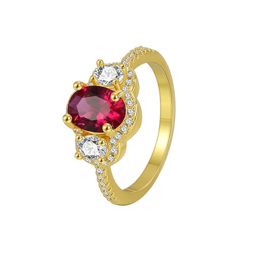 Damen Goldringe, Eleganter Verlobungsring aus 9 Karat Gelbgold mit im Labor hergestelltem Rubin und Moissanit für Damen, Größe 47 (15.0) von Mesnt