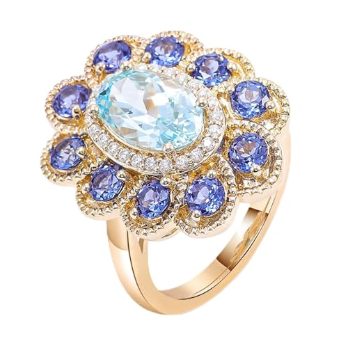 Mesnt Damen Ringe Gold, Frauen 9K Gelbgold 3 Karat ovaler Aquamarin-Blumen-Verlobungsring mit künstlichem Saphir (Größe Anpassen) von Mesnt