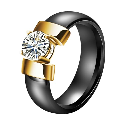 Mesnt Damenring Hochzeit, Mode Keramik Ring mit runden klaren kubischen Zirkonias für Unisex Schwarz Gold, Größe 60 (19.1) von Mesnt