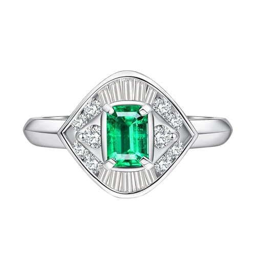 Mesnt Damenring Weißgold, 18K Weißgold Ring für Damen with 4x5.7mm Im Labor hergestellter Smaragd 0.63ct und Im Labor hergestellter Diamant, Größe 57 (18.1) von Mesnt