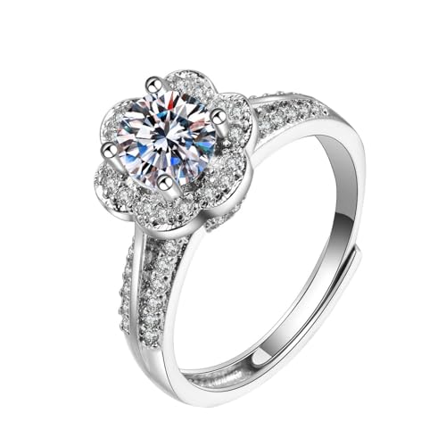 Mesnt Diamant Ringe Damen, 14 Karat Weißgold Ringe für Damen Elegante Blume 4 Zacken Rund 1ct Labor Erstellt Diamant 6,5MM, Größe 63 (20.1) von Mesnt