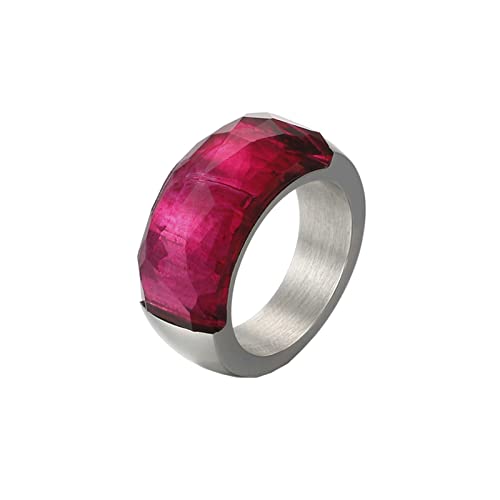 Mesnt Edelstahl Ring Frauen, Edelstahl 10MM Fingerring mit halbmondförmigem facettiertem Stein für Frauen Silber Rosa Rot, Größe 52 (16.6) von Mesnt