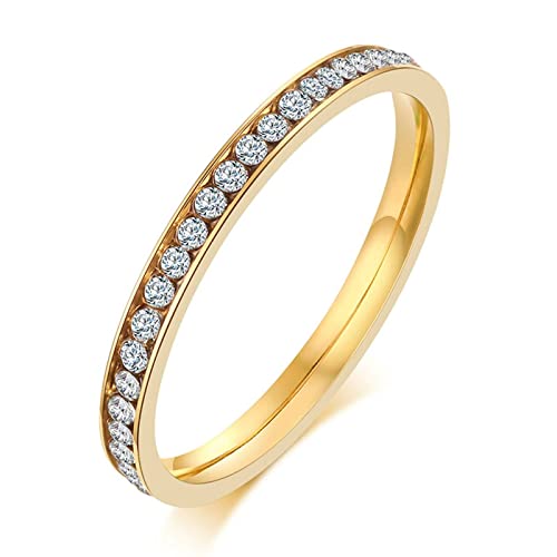 Mesnt Edelstahl Ring Frauen, Titan Gold Einreihiger Zirkon dünner Ring Eheringe für Frauen, Gold Edelstahl Ringe Größe 57 (18.1) von Mesnt
