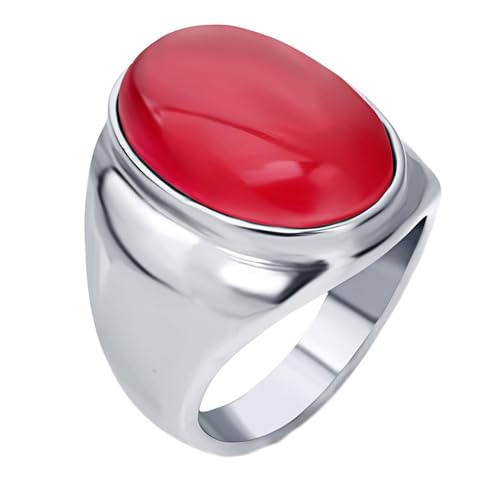 Mesnt Edelstahl Ring Herren, 23MM Großer Ovaler Stein Zeigefinger Ring aus Edelstahl für Herren Damen Silber Rot, Größe 65 (20.7) von Mesnt