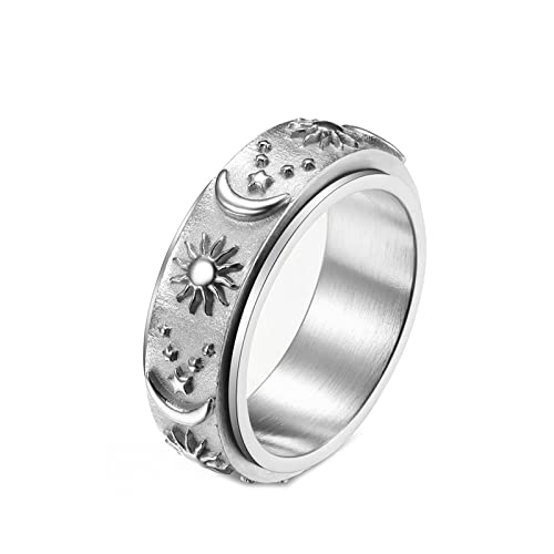 Mesnt Edelstahlringe Herren Set, Drehbarer Sonne-Mond-Stern-Fidget-Ring Silber Größe 54 (17.2) von Mesnt