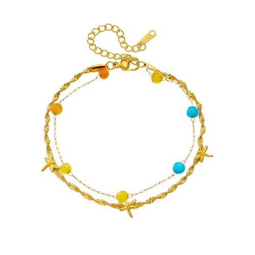 Mesnt Fußkettchen Damen, Gold Doppelte Kette mit Kugel und Libelle Bohemian Fußketten für Frauen Damen Mädchen Strand Schmuck, Länge: 17+6CM von Mesnt