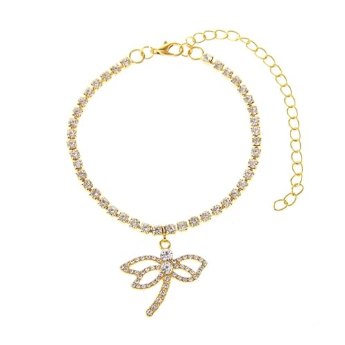 Mesnt Fußkettchen Damen, Gold Tenniskette mit Zirkonia Libelle Anhänger Verstellbar Fußschmuck, Länge: 21+10CM von Mesnt