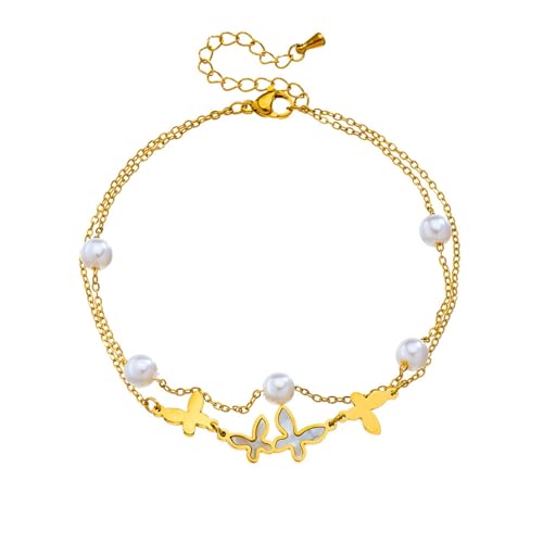 Mesnt Fußkettchen Gold, Doppelkette mit Perle und Schmetterling Fussketten Strand Fußschmuck Geschenke für Frauen, Länge: 21+5.5CM von Mesnt