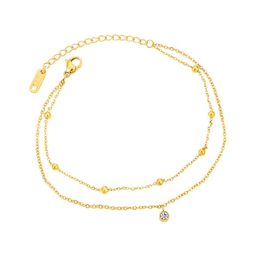 Mesnt Fußkettchen Gold, Doppellagige Kette mit kubischem Zirkonia-Anhänger Verstellbar Fußschmuck, Länge: 20+5CM von Mesnt