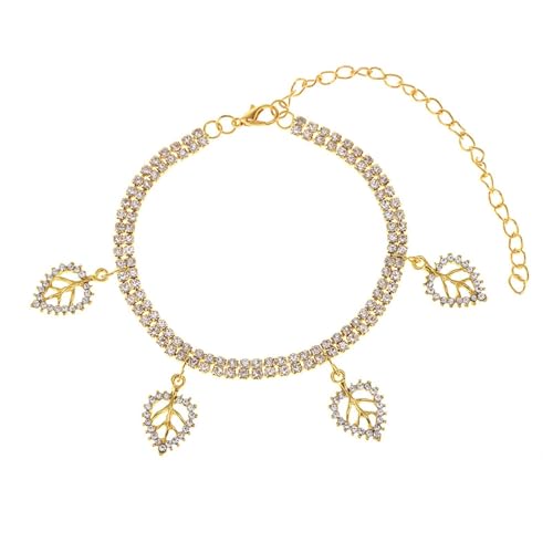 Mesnt Fußkettchen Gold, Doppelreihige Tenniskette mit Zirkonia Blatt Anhänger Fussketten Strand Fußschmuck Geschenke für Frauen, Länge: 21.5+10CM von Mesnt