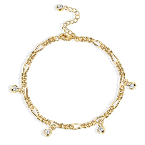 Mesnt Fußkettchen Gold, Figaro Kette mit Zirkonia Anhänger Verstellbar Fußschmuck, Länge: 20+6CM von Mesnt