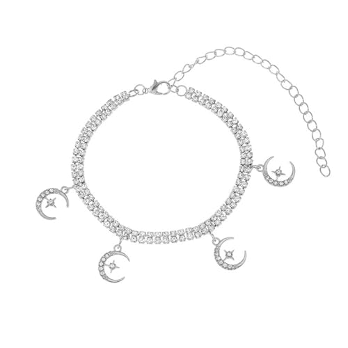 Mesnt Fußkettchen für Damen, Silber Doppelreihige Tenniskette mit Mondstern-Anhänger Fußschmuck für Frauen für Sommer Strand, Länge: 21.5+10CM Mesnt Fußkettchen für Damen, Silber Doppelreihige Tenniskette mit Mondstern-Anhänger Fußschmuck für Frauen für Sommer Strand, Länge: 21.5+10CM von Mesnt