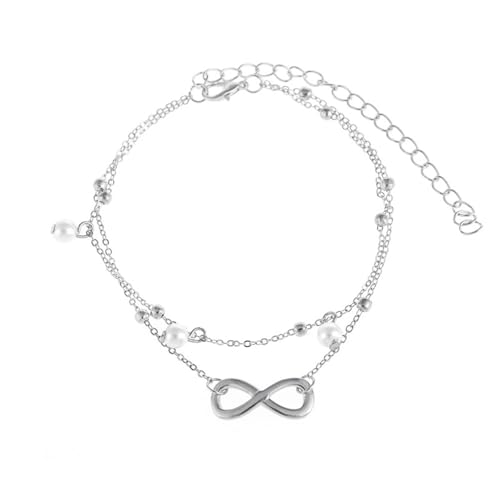 Mesnt Fußkettchen für Damen Silber, Doppellagige Kette mit Pearl und Infinity Fußschmuck für Frauen für Sommer Strand, Länge: 22.5+10CM Mesnt Fußkettchen für Damen Silber, Doppellagige Kette mit Pearl und Infinity Fußschmuck für Frauen für Sommer Strand, Länge: 22.5+10CM von Mesnt