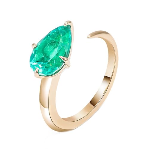 Mesnt Goldener Ring Damen, Frauen 14K Gelbgold Offener Ring mit tropfenförmigem Lab-Create-Smaragd 2ct (Größe Anpassen) von Mesnt