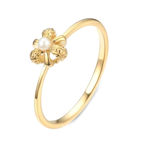 Mesnt Goldring Damen 750 Echtgold, Frauen 18K Weißgold Dünner Versprechensring mit Perlenblume (Größe Anpassen) von Mesnt