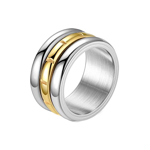 Mesnt Goldring Herren, 12Mm Spinner Ring Mit Zweifarbigen Gewölbten Bändern Silber Gold Größe 67 (21.3) von Mesnt