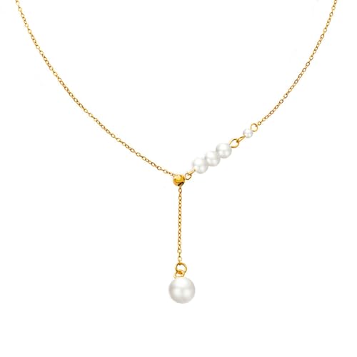 Mesnt Halskette Damen Gold, Edelstahl Y-Ketten-Halskette mit Perlen-Anhänger für Frauen, Länge 45CM von Mesnt