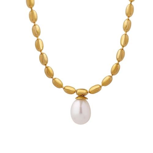 Mesnt Halskette Edelstahl Anhänger, Ovale Perlenkette mit Perlen-Anhänger Halskette aus Edelstahl für Damen Gold, Länge 45CM von Mesnt