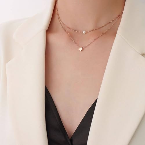 Mesnt Halskette Edelstahl Rosegold, Doppellagige Stern- und Perlen-Anhänger-Halskette aus 316L Edelstahl für Damen, Länge 36+5CM von Mesnt
