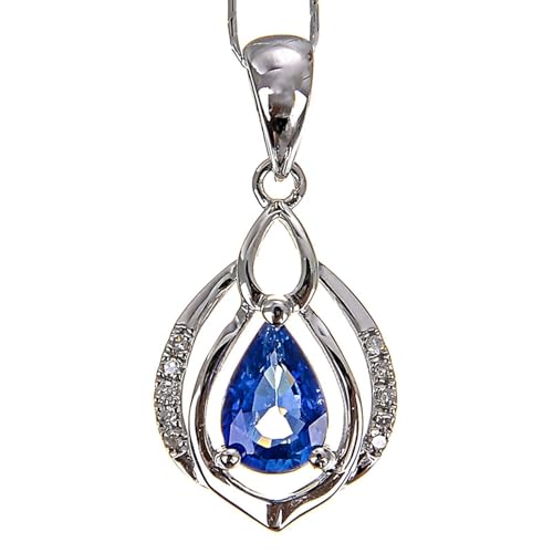 Mesnt Halskette Weißgold Damen, 18K Weißgold Collier für Damen with 4 * 6mm Im Labor hergestellter Blauer Saphir und Im Labor hergestellter Diamant von Mesnt