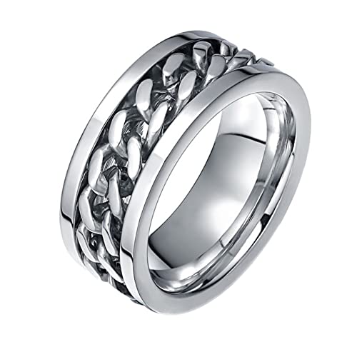 Mesnt Herren Ring Edelstahl, Glattbandeinlage mit drehbarer Bordsteinkette 8MM Herren Ring Silber, Größe 72 (22.9) von Mesnt