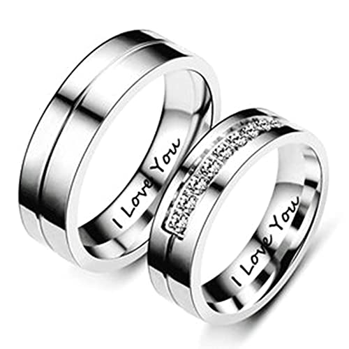 Mesnt Hochzeit Ring Set, I Love You Passende Ringe aus Zirkonia Silber Edelstahl Ring Zart Silber, Damen J 1/2 & Herren N 1/2 von Mesnt