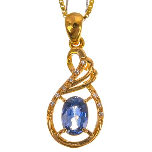 Mesnt Kette mit Anhänger, 18K Gelbgold Halskette für Damen with 4 * 6mm Im Labor hergestellter Blauer Saphir und Im Labor hergestellter Diamant von Mesnt