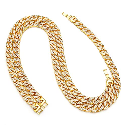 Mesnt Ketten Legierung Herren, Ketten Für Mädchen Teenager, Ketten Legierung Schmuck, Legierung Iced Out kubanische Gliederkette, 13mm Kette Gold 75cm von Mesnt