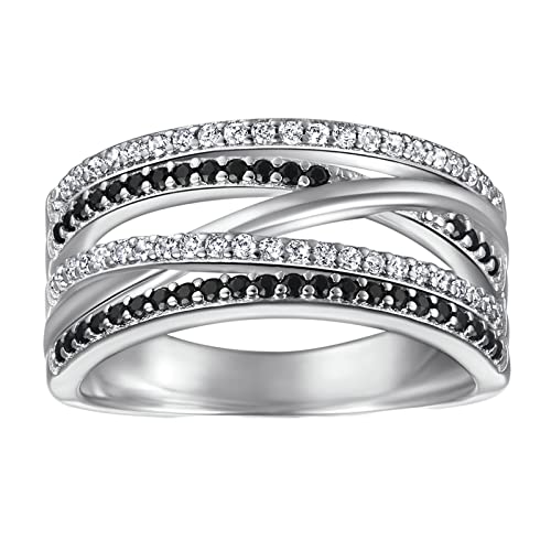 Mesnt Ring 925 Silber Schlichter Freundschaftsring Hochzeit Ringe X Kreuz Schwarz und Weißer Zirkonia Verlobungsring Frau Silber Schwarz Größe 54 (17.2) von Mesnt