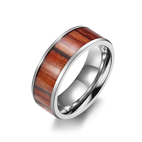 Mesnt Ring Damen Edelstahl, Rocker Ringe Herren, 8MM Holz Inlay Bands Ring Ring aus Edelstahl Silber Größe 65 (20.7) von Mesnt