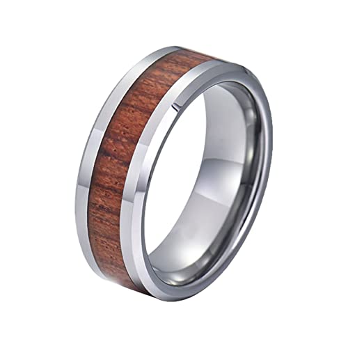 Mesnt Ring Edelstahl Ehering Koa Holz Inlay Hochzeit Jubiläum Band Ring Schrägkante Verlobungsring Unisex 8MM Silber Braun Verlobungsringe Größe 72 (22.9) von Mesnt