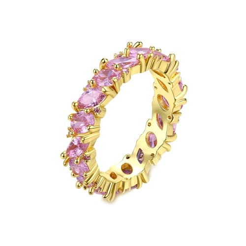 Mesnt Ring Gelbgold Dünn, 9 Karat Gelbgold Ringe für Damen mit Marquise Form Rosa Kristall, Größe 49 (15.6) von Mesnt